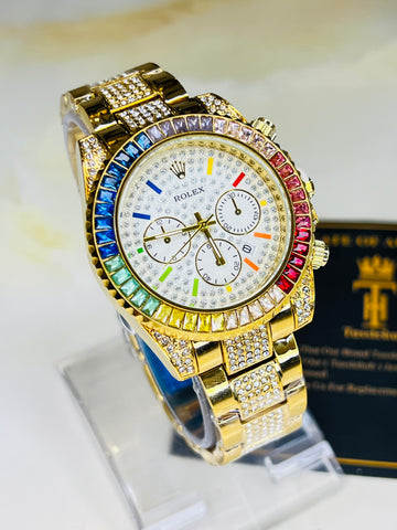 Gold White Rainbow Rolex Iced Out Watch