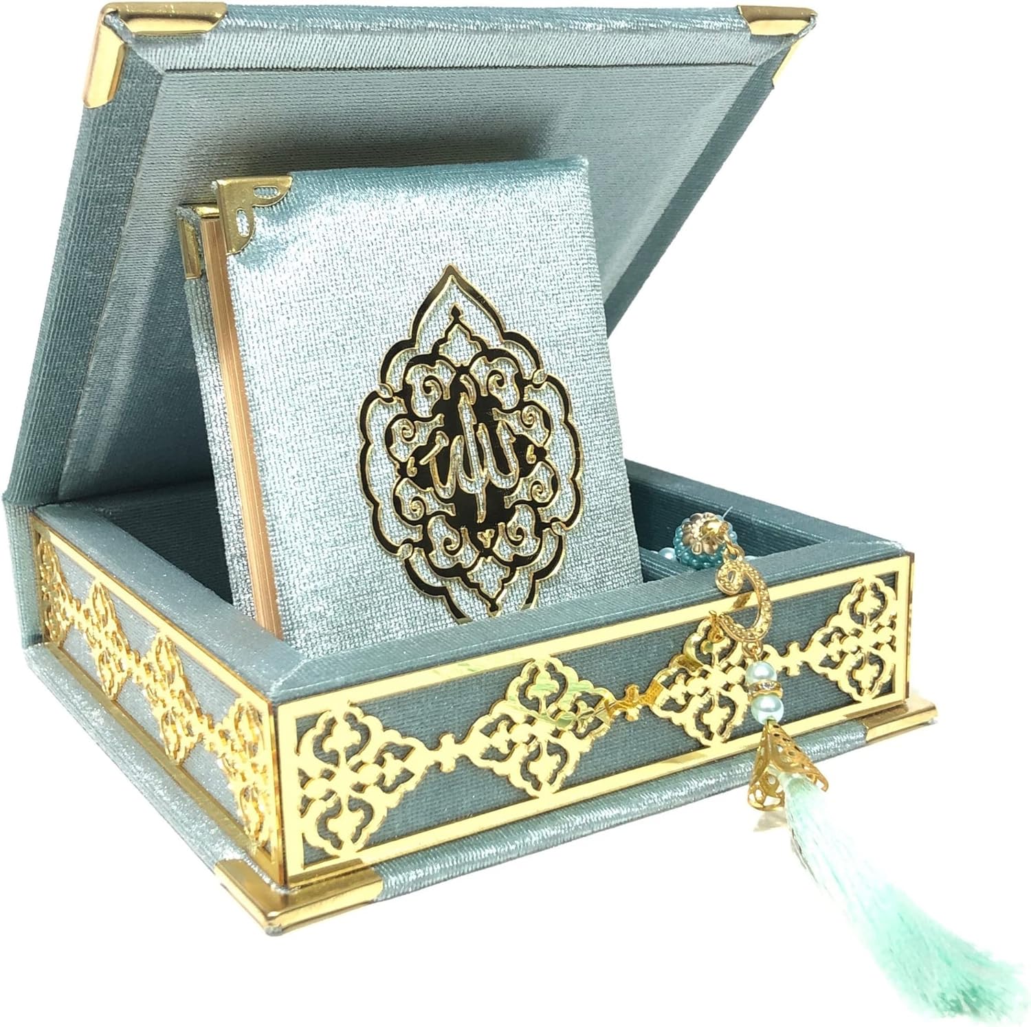Islamic Gift Set: Velvet Covered Quran Tasbeeh in Elegant Wooden Box
