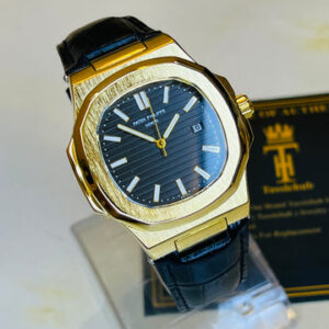 Black Leather Gold Black Dial Nautilus Watch