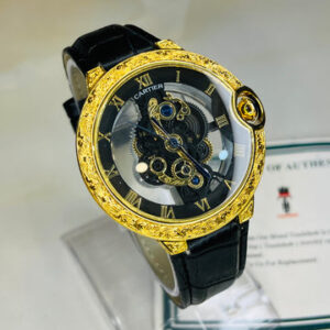 Black Gold Engraved Skeleton Dial Watch