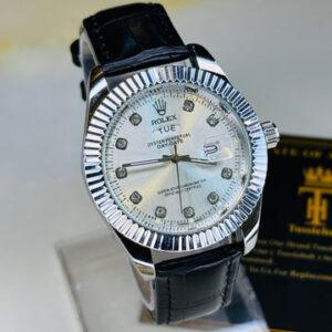 Black Silver White Day Date Leather Rolex Watch