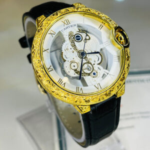 White Gold Engraved Skeleton Dial Watch