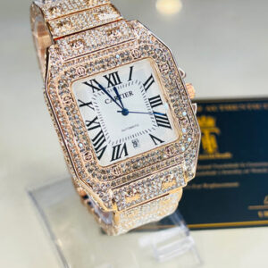 Square Iced Out Branded Rose gold White Dial Watch
