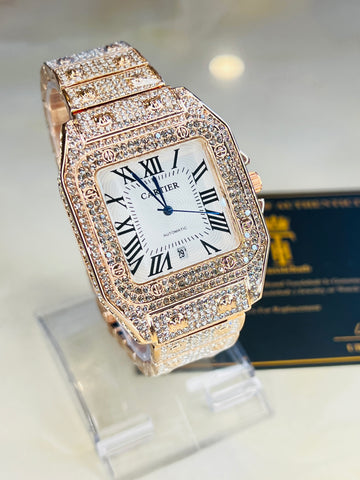 Square Iced Out Branded Rose gold White Dial Watch